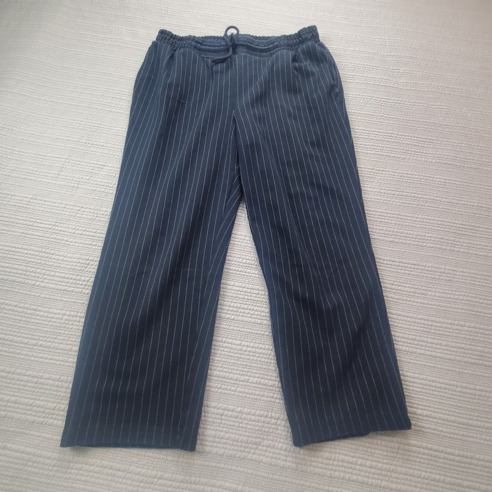 Navy Blue Pinstripe Cropped Wide Leg‎ Stretchy Drawstring Pants L